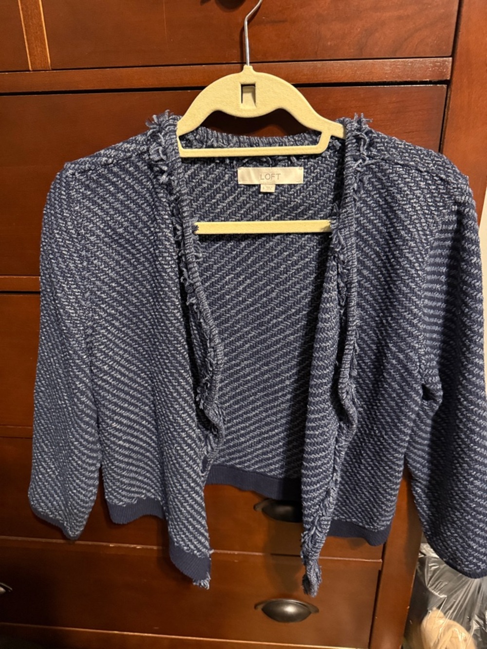 LOFT Navy & White Textured Open-Front Fringe Cardigan